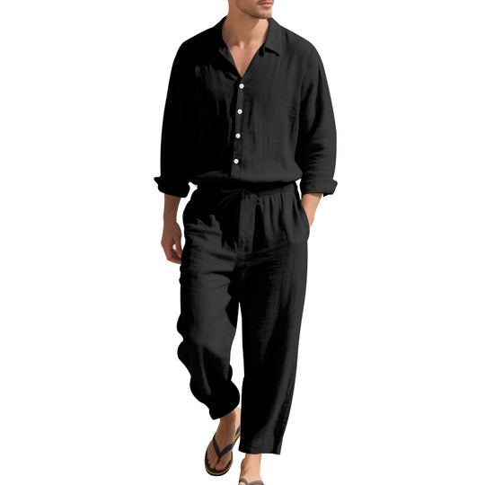 Herren Leinen-Loungeanzug mit elastischem Bund und praktischem Knopfdesign Heidi-Mode
