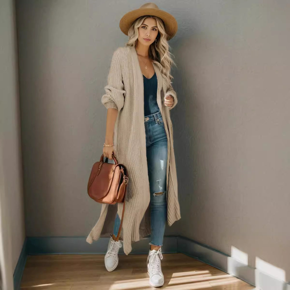 Damen lange Strickjacke in lässiger Rippstruktur mit offenen Ärmeln und Taschen Heidi-Mode