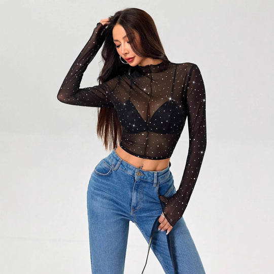 Damen Transparentes Oberteil mit Glitzer Heidi-Mode