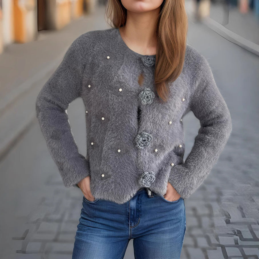 Damen Strickjacke mit floralen Applikationen und perlverzierter Detail Heidi-Mode