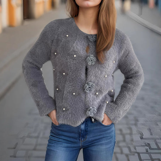 Damen Strickjacke mit floralen Applikationen und perlverzierter Detail Heidi-Mode