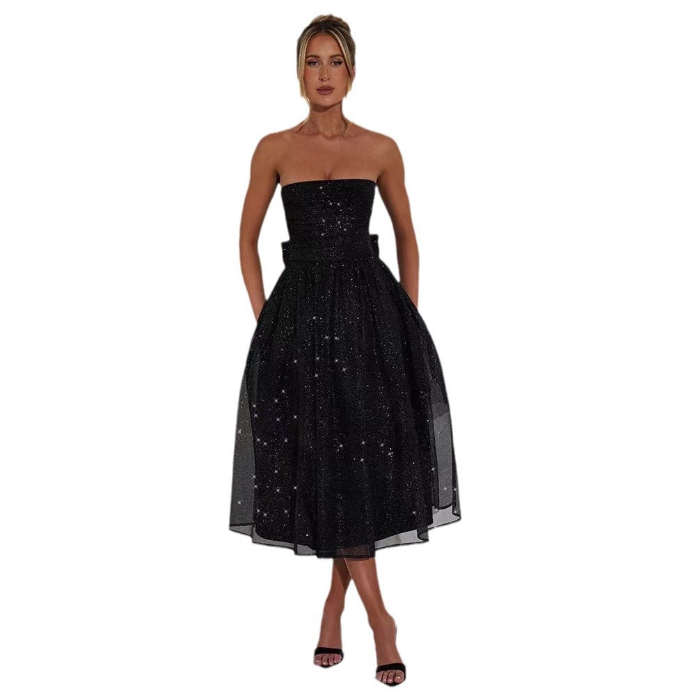 Damen Cocktailkleid mit schimmernden Akzenten und voluminösem Rock Heidi-Mode