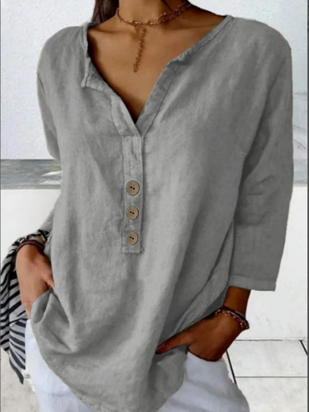 Damen Lässig geschnittenes Blusenshirt mit Knopfleiste Heidi-Mode