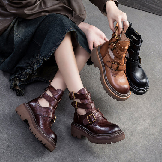 Damen Chunky Biker-Stiefel mit verstellbaren Riemen und robustem Sohlenprofil Heidi-Mode