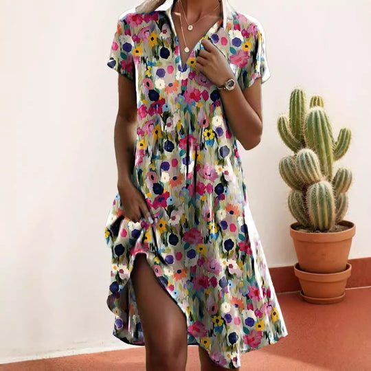 Damen Frischblumen-Hemdkleid mit Knopfverschluss und lässigem Schnitt Heidi-Mode