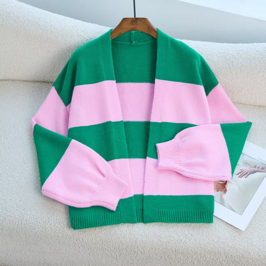 Damen Modischer Strickcardigan mit breiten Streifen und lässigem Schnitt Heidi-Mode