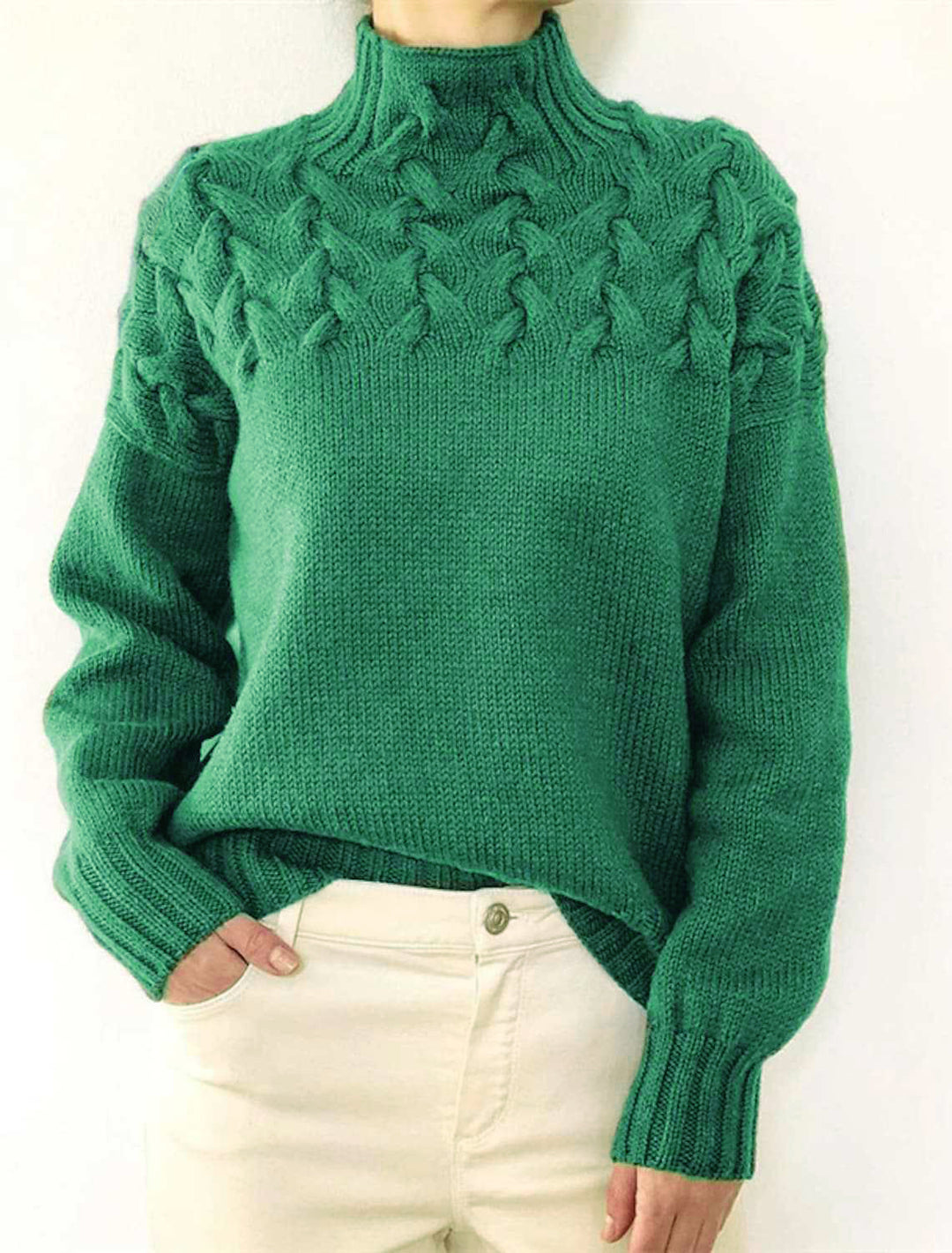 Damen Grobstrickpullover mit Stehkragen und Zopfmuster Heidi-Mode