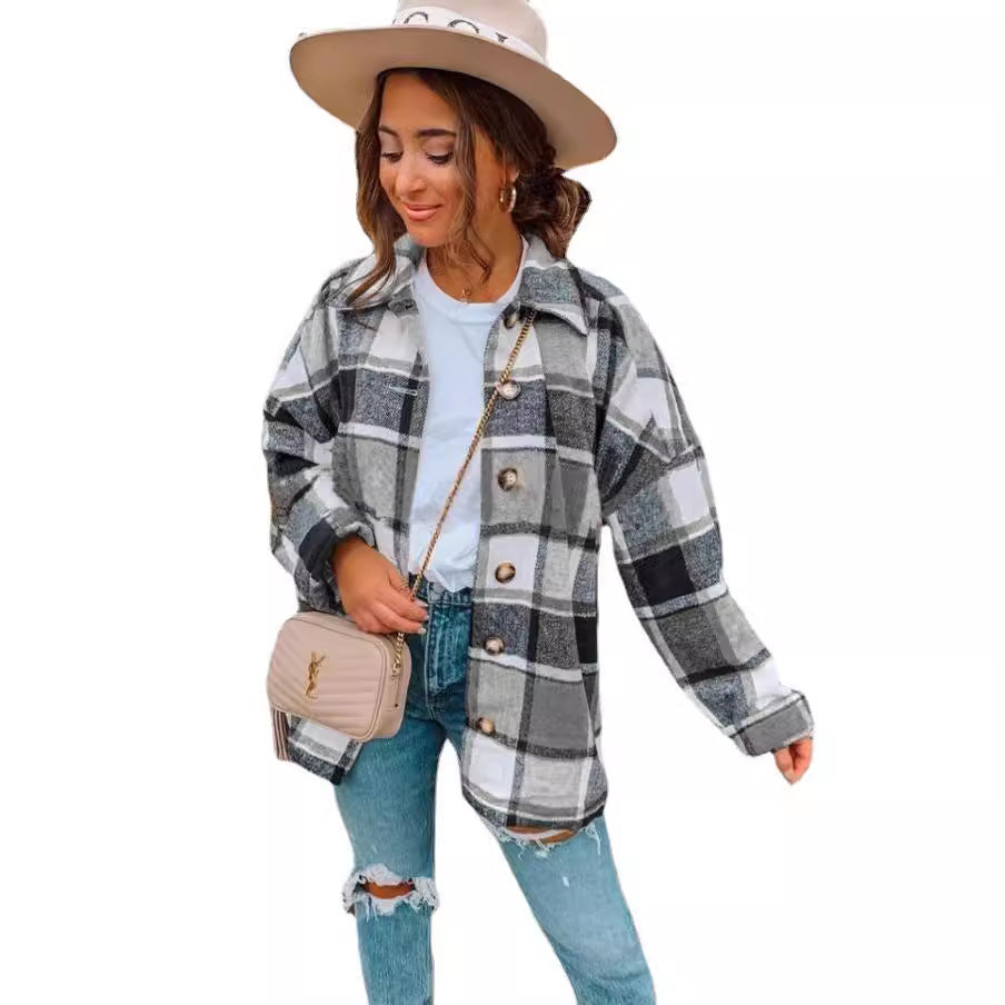 Damen lässige karierte Flanelljacke mit Knopfdetails Heidi-Mode
