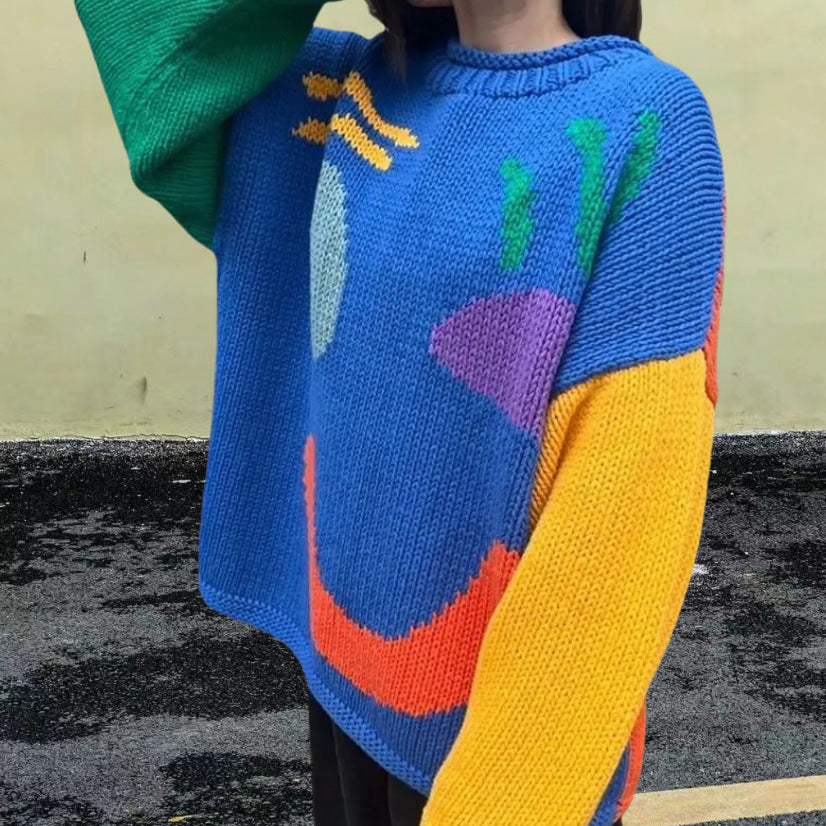 Damen gestrickter Pullover mit fröhlichem Smiley-Motiv und lässigem Schnitt Heidi-Mode
