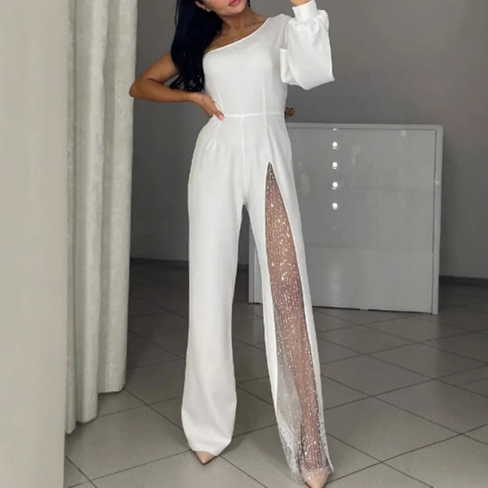 Damen Eleganter Jumpsuit mit transparenten Einsätzen und Pailletten Heidi-Mode