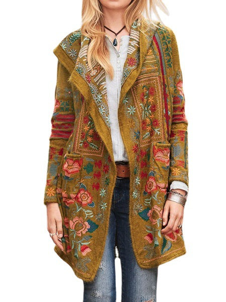 Damen kunstvoll bestickte Strickjacke mit Kapuze und Taschen Heidi-Mode