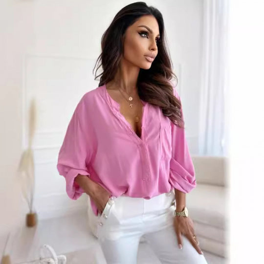Femme Leichte Button-Up Bluse mit hochkrempelbaren Ärmeln Heidi-Mode