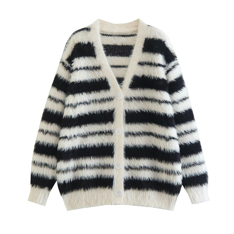 Damen Gemütlicher Strickcardigan mit modernem Streifenmuster und weichem Material Heidi-Mode