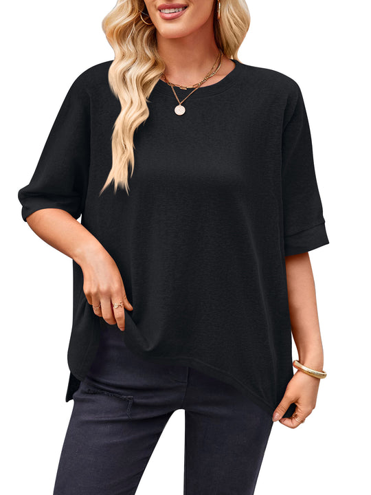 Damen lässiges Oversized T-Shirt mit seitlichen Schlitzen und umgeschlagenen Ärmeln Heidi-Mode