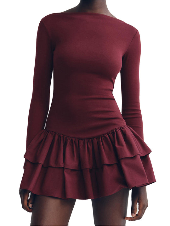 Damen Minikleid mit asymmetrischem Rüschenbesatz und eleganten langen Ärmeln Heidi-Mode