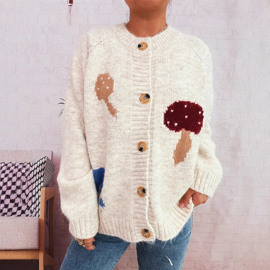 Damen Strickjacke mit buntem Pilzmotiv und Knopfdetails Heidi-Mode