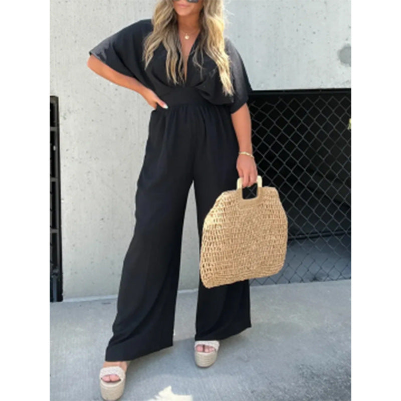 Damen eleganter Overall mit weitem Bein und tiefem V-Ausschnitt Heidi-Mode