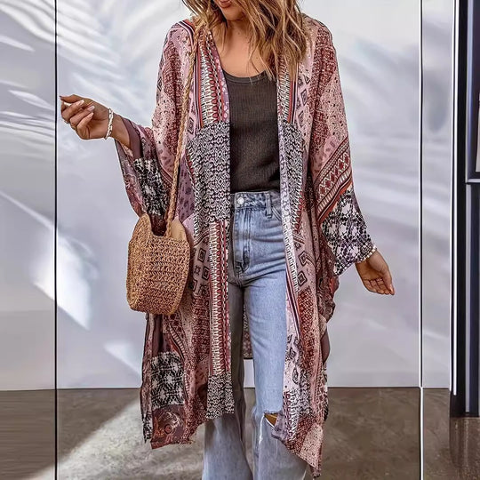 Damen Lässige Kimono-Jacke mit buntem Muster und weitem Schnitt Heidi-Mode