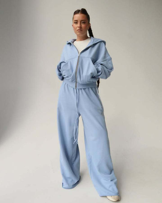 Damen Trendiges Sport-Lounge-Set mit cropped Sweatjacke und weit geschnittenen Jogginghosen Heidi-Mode