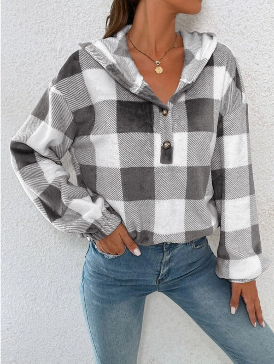 Damen Gemusterte Karo-Hoodie-Bluse Heidi-Mode