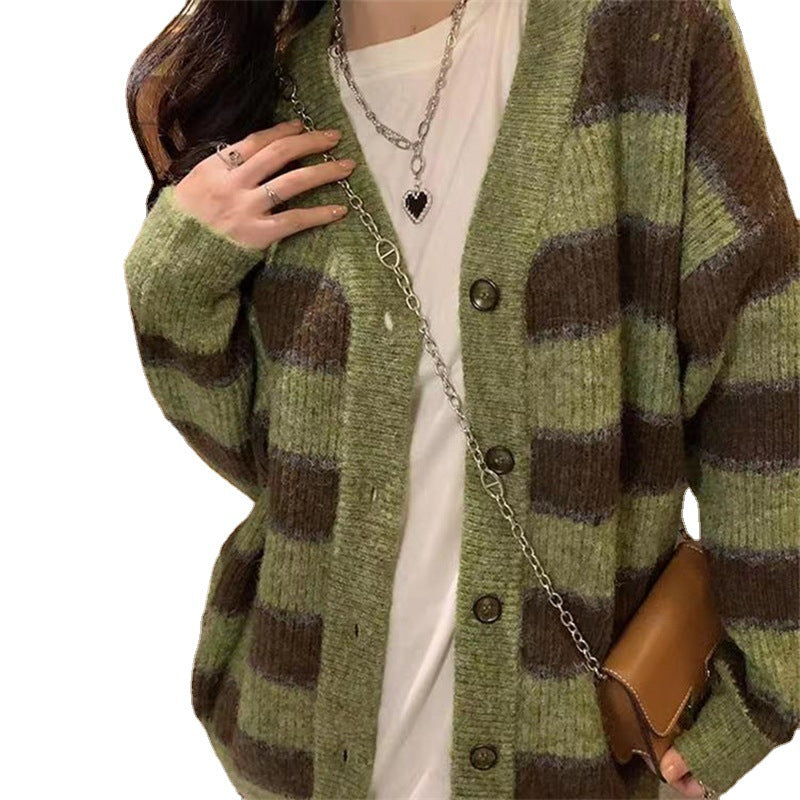 Damen Grobstrickjacke mit modischem Streifenmuster und lässigem Schnitt Heidi-Mode