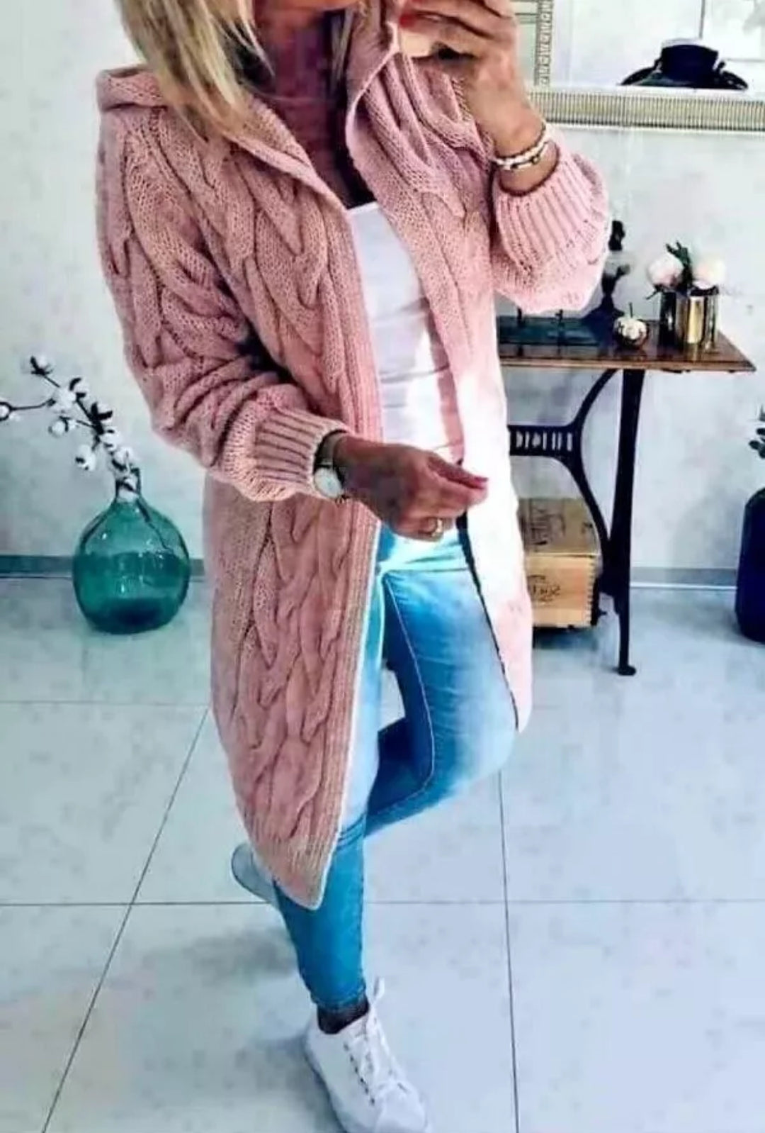 Damen Grobstrick-Cardigan mit Kapuze und Zopfmuster Heidi-Mode