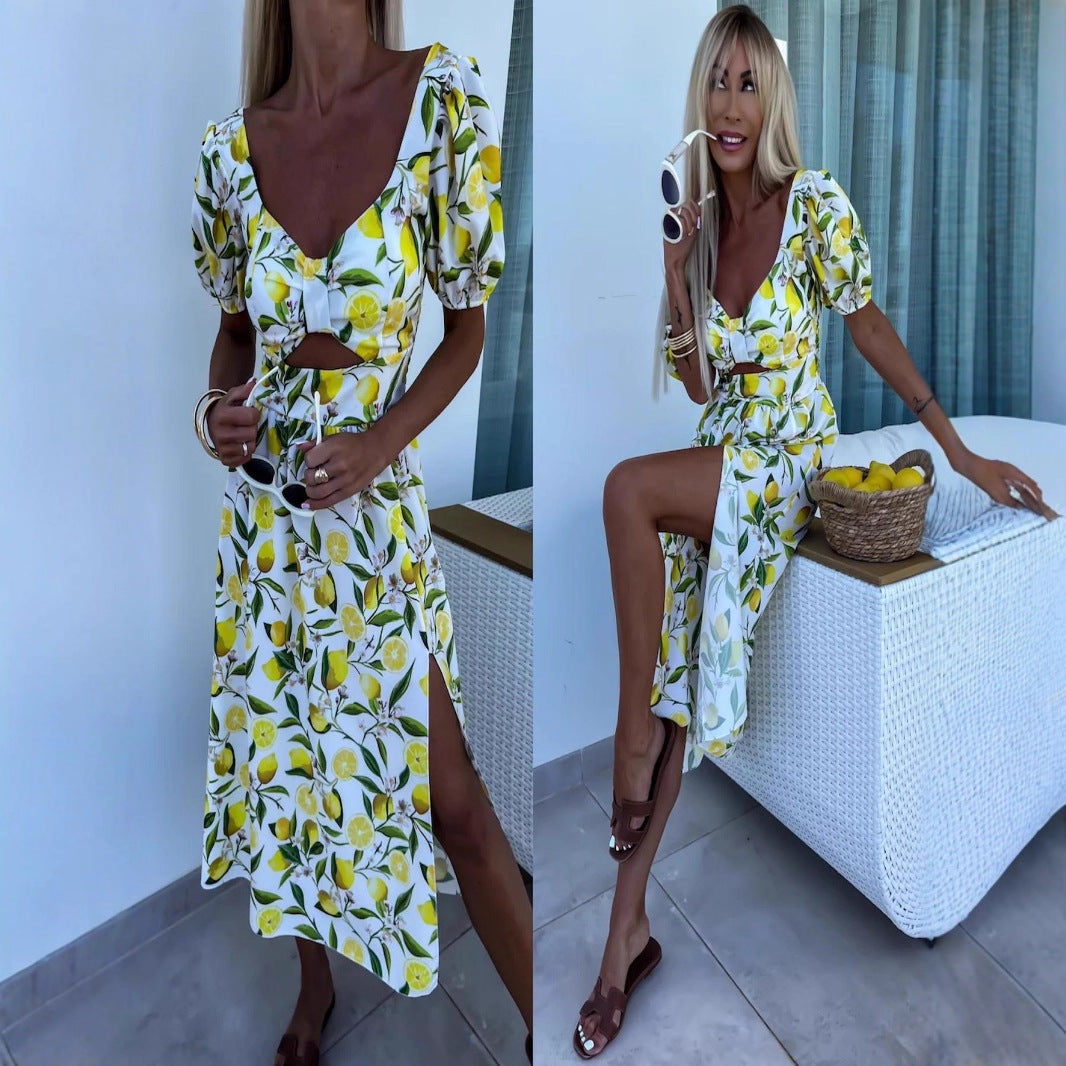 Damen Maxi Kleid mit Fruchtmotiv und Cut-Out-Details Heidi-Mode