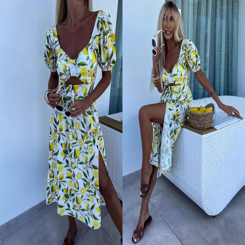 Damen Maxi Kleid mit Fruchtmotiv und Cut-Out-Details Heidi-Mode