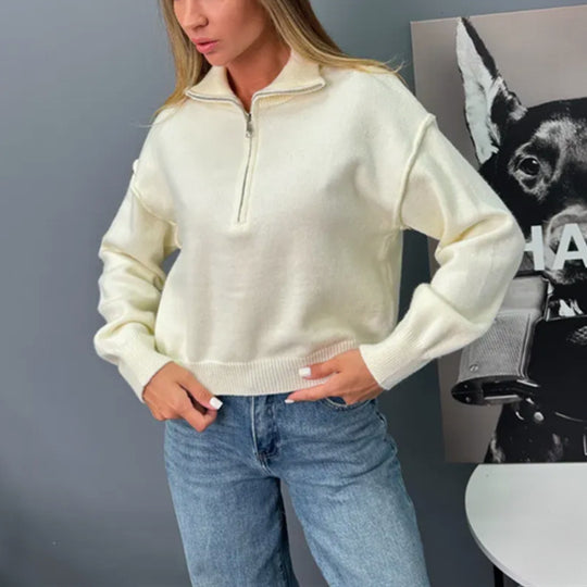 Damen modischer Sweater mit halbem Reißverschluss und weiten Ärmeln Heidi-Mode