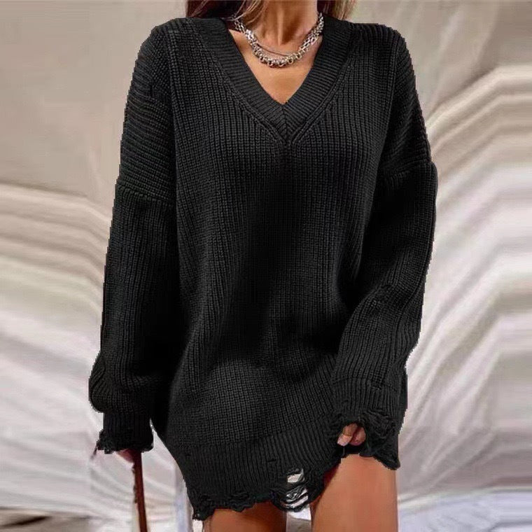 Damen Grobstrick Pullover mit V-Ausschnitt und lässigem Schnitt Heidi-Mode