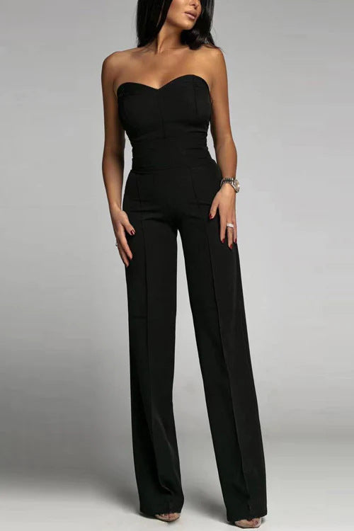 Damen schulterfreier Jumpsuit mit elegantem Herz-Ausschnitt und weitem Bein Heidi-Mode