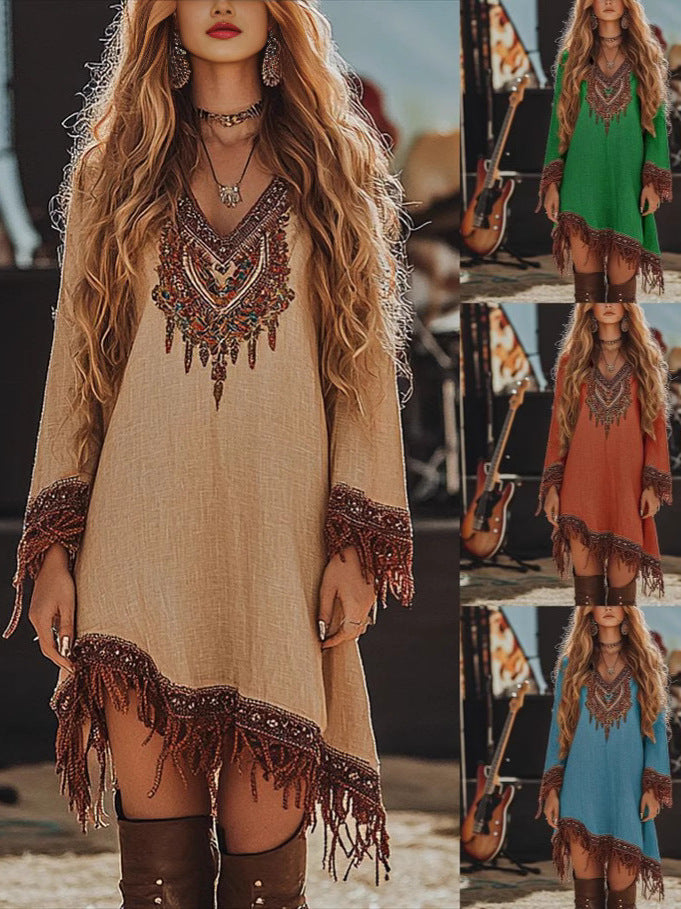 Damen Festival-Kleid mit kunstvollem Stickdesign und Fransen Heidi-Mode