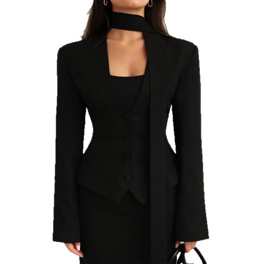 Damen taillierte Blazer-Top mit schmalem Kragen Heidi-Mode