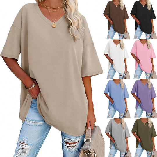 Damen Oversized T-Shirt mit V-Ausschnitt und seitlichen Schlitzen Heidi-Mode
