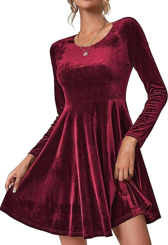 Damen Elegantes Samtkleid mit geschwungenem Saum und langen Ärmeln Heidi-Mode
