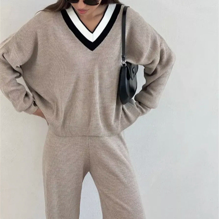 Damen gemütlicher V-Ausschnitt Pullover mit gestreiftem Kragen Heidi-Mode