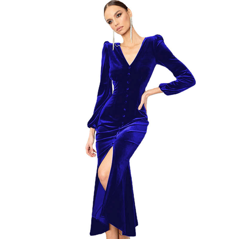 Damen Elegantes Samtkleid mit V-Ausschnitt und Puffärmeln Heidi-Mode
