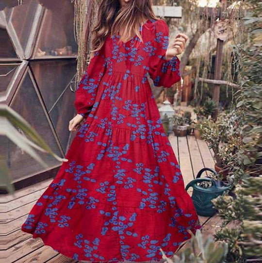 Damen Boho-Langarmkleid mit floralen Akzenten und schwingendem Saum Heidi-Mode