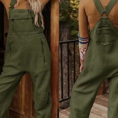 Damen Flauschiger Overall mit verstellbaren Trägern und Eingrifftaschen Heidi-Mode