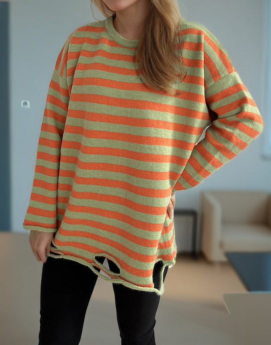 Damen lässiger Oversize-Pullover mit breiten Streifen Heidi-Mode