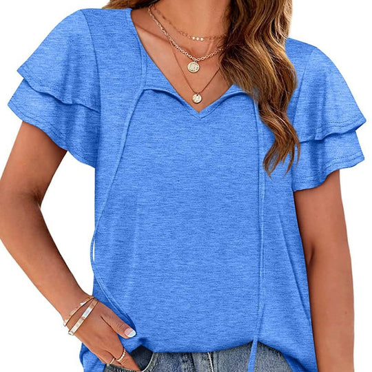 Damen lässiges V-Ausschnitt T-Shirt mit verspielten Rüschendetails und verstellbarem Kordelzug Heidi-Mode