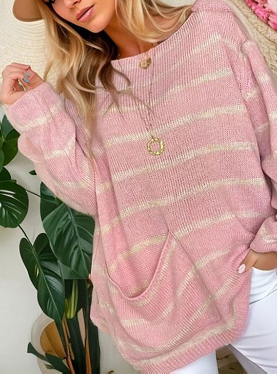 Damen lässiger Strickpullover mit elegantem Streifenmuster und praktischer Brusttasche Heidi-Mode