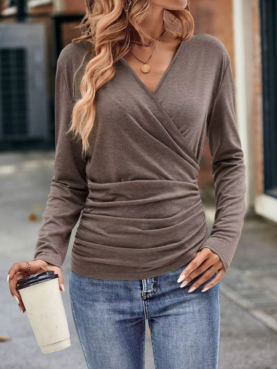 Damen Wickeloberteil mit eleganter Raffung und langem Arm Heidi-Mode