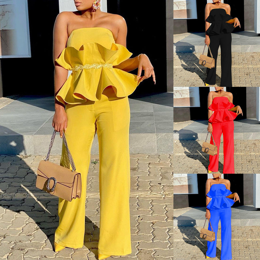 Damen Peplum Jumpsuit mit elegantem Oberteil und weiten Beinen Heidi-Mode