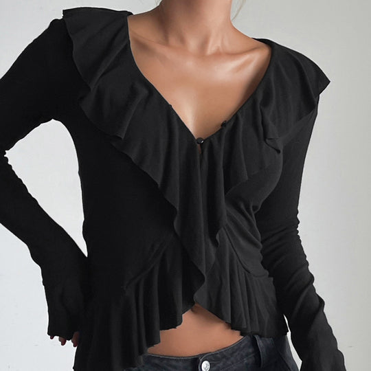 Damen Rüschenbluse mit verführerischem V-Ausschnitt und elastischem Saum Heidi-Mode