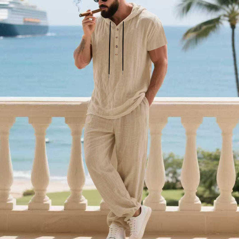 Herren komfortables Freizeit-Set mit modischem Henley-Oberteil und lockeren Hosen Heidi-Mode