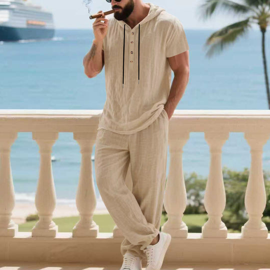 Herren komfortables Freizeit-Set mit modischem Henley-Oberteil und lockeren Hosen Heidi-Mode