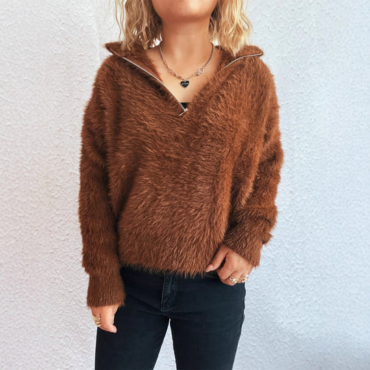 Damen kuscheliger Pullover mit hohem Kragen und Reißverschluss Heidi-Mode
