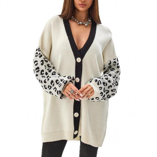 Damen Grobstrick Cardigan mit Leopardenmuster und Knopfdetaillierung Heidi-Mode