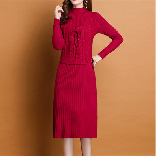 Damen elegantes Strickkleid mit hochgeschlossenem Kragen und dekorativem Zopfdesign Heidi-Mode
